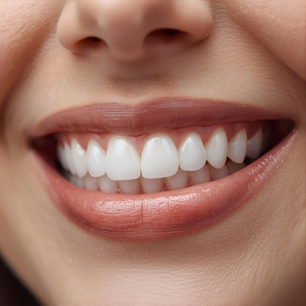 Çayırova diş kliniği hizmetleri veren Adnan Coşkun Çayırova Diş Polikliniği içerisinde kendisine dÇayırova diş beyazlatma, implant, protez diş ve poreselen diş işlemleri yapılmış bir kadın bembeyaz dişleriyle gülümserken