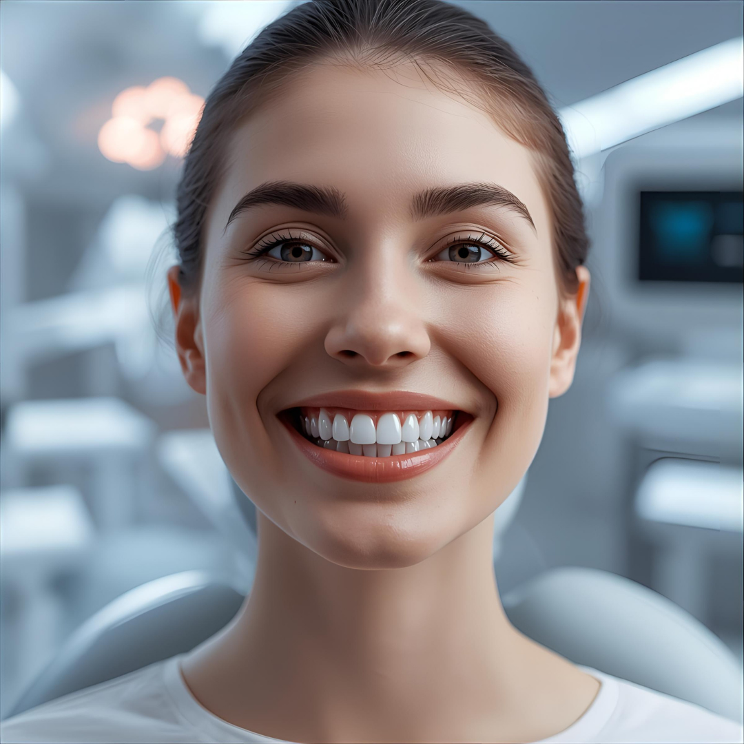 Çayırova'da diş kliniği olarak estetik diş hekimliği ve kozmetik diş hekimliği hizmetleri veren Adnan Coşkun Çayırova Diş Polikliniği işe porselen kaplama yaptıran bir kadının bembeyaz dişleriyle gülüşü