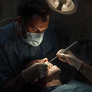 Adnan Coşkun Çayırova Ağız ve Diş Sağlığı Polikliniği ile Çayırova diş çekimi yaptıran bir erkeğin gömülü diş çektirme tedavisinin yapay zeka ile oluşturulmuş temsili fotoğrafı