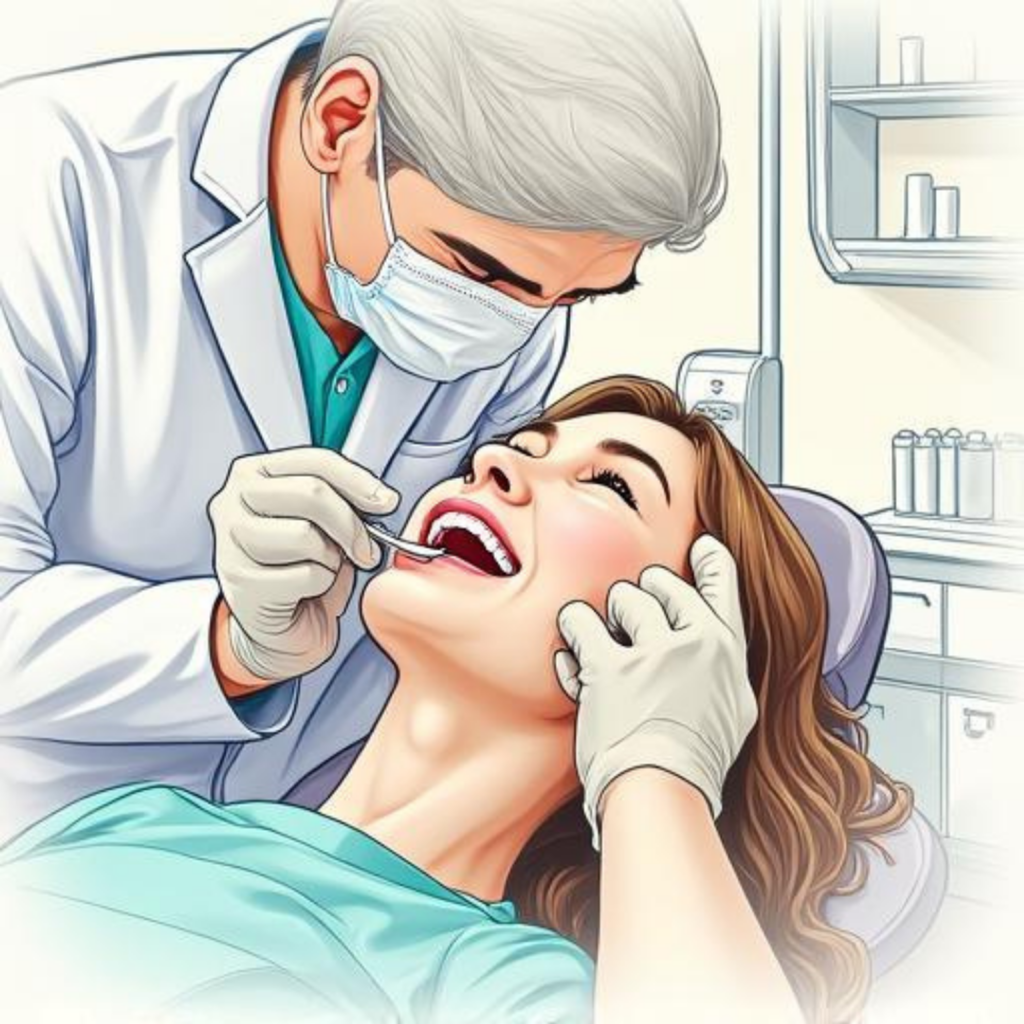 implant, protez diş, çocuk diş hekimliği, estetik diş hekimliği gibi Çayırova dişçi hizmetleri veren Adnan Coşkun Çayırova Diş Polikliniği içerisinde bir diş muayene görseli çizgi karakter şeklinde betimlenmiş